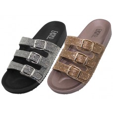 W7557L-A Wholesale Women's " EasyUSA " Rhinestone With 3 Strap Buckle Upper Sandals (Asst. Black/Silver. Rose Gold & Silver)  